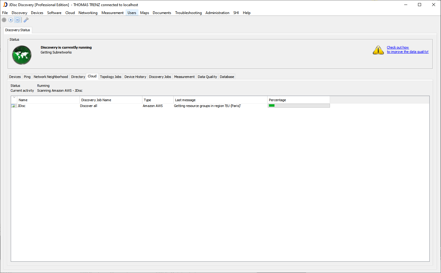 Cloud Status displaying the Progress