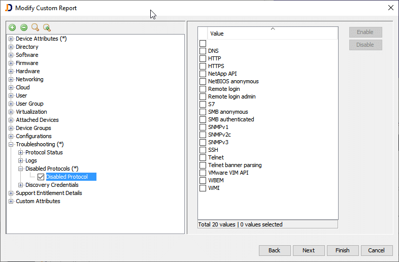 list of disabled protocols in your custom report