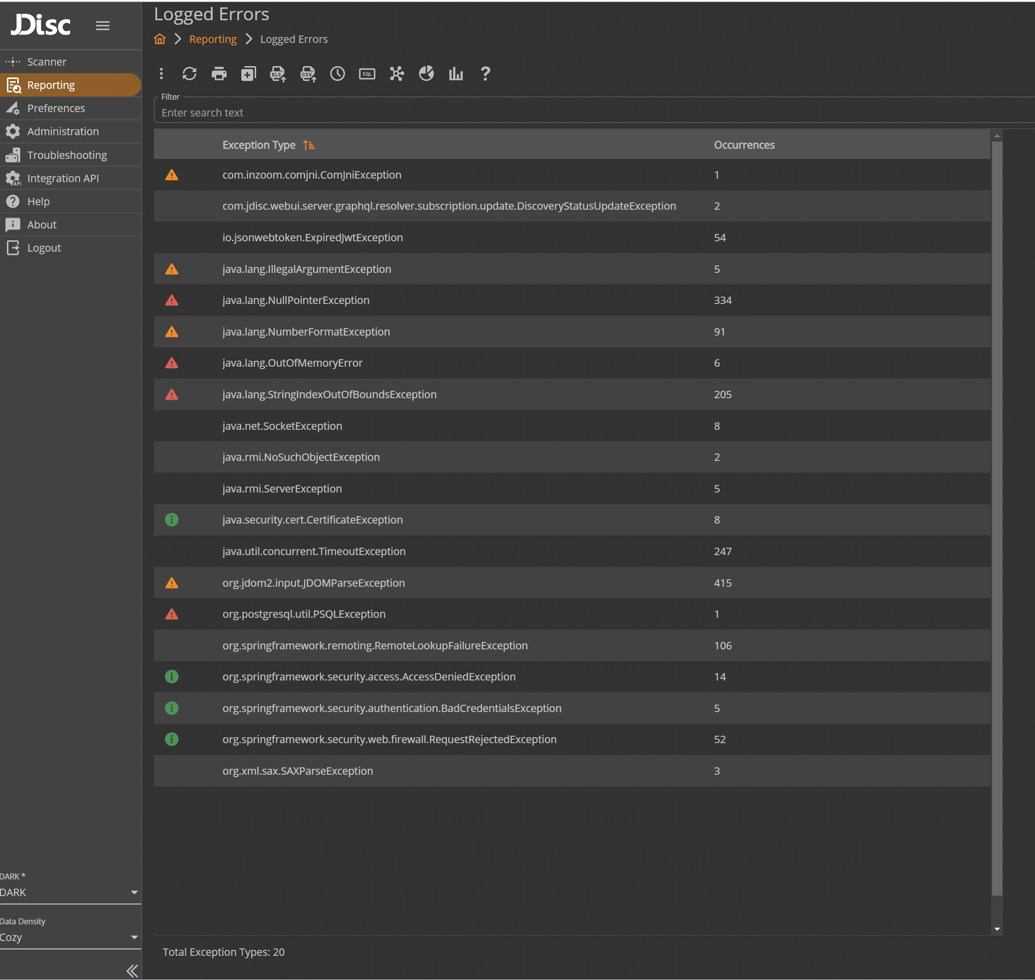 Reporting Logged Errors tab