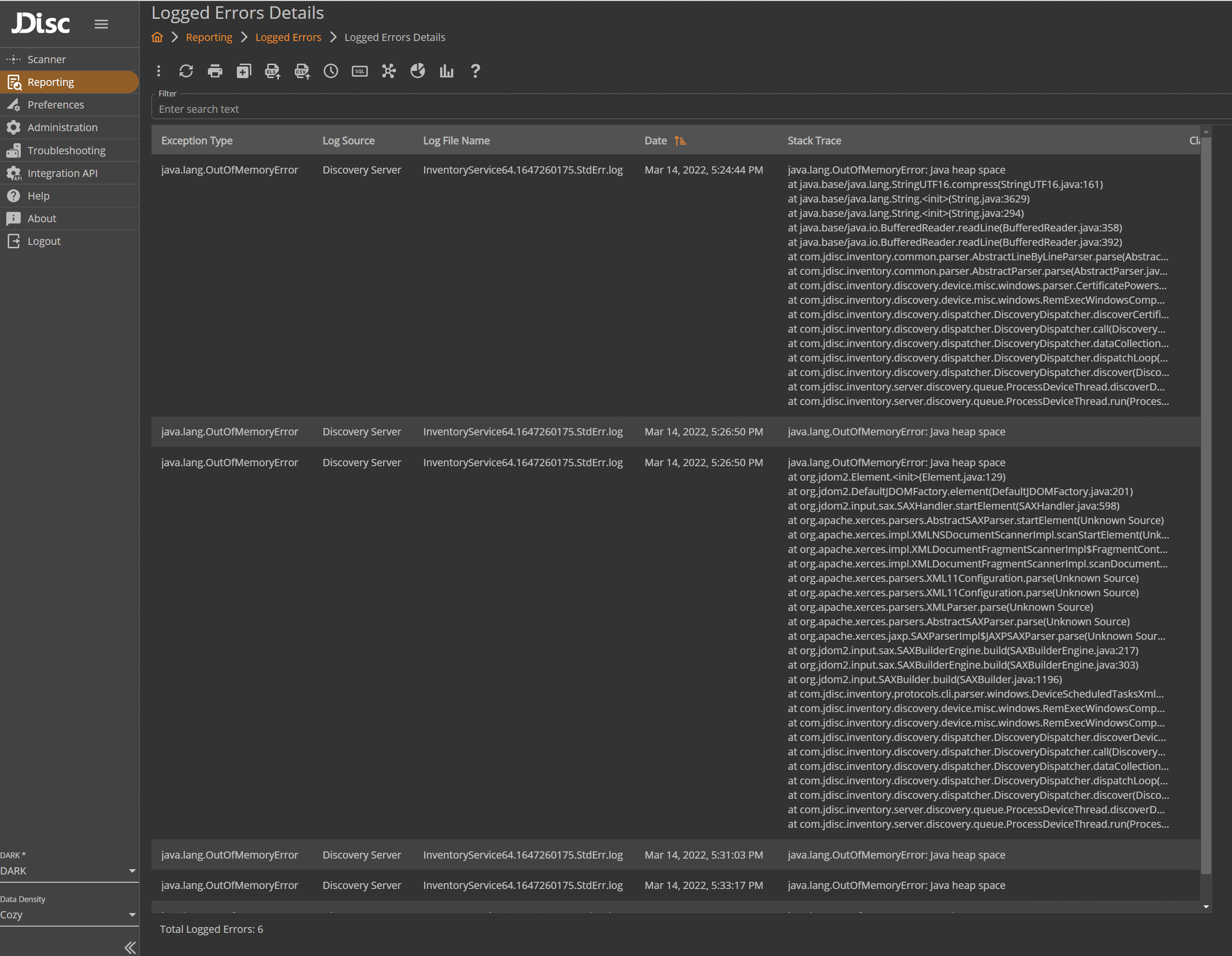Logged Errors details