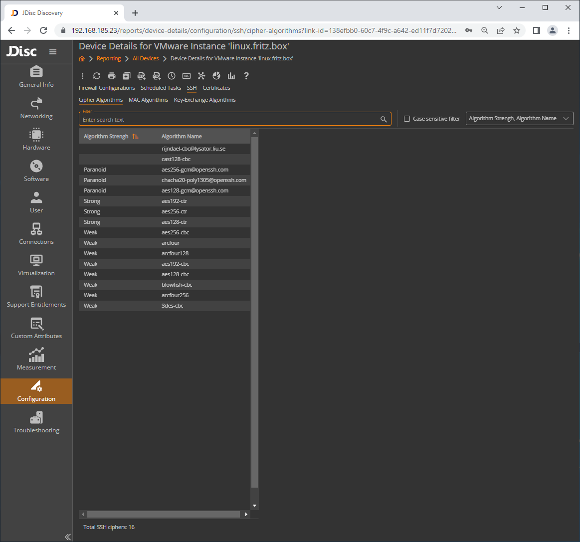 SshCipherAlgorithms - JDisc Network Discovery List of available algorithms