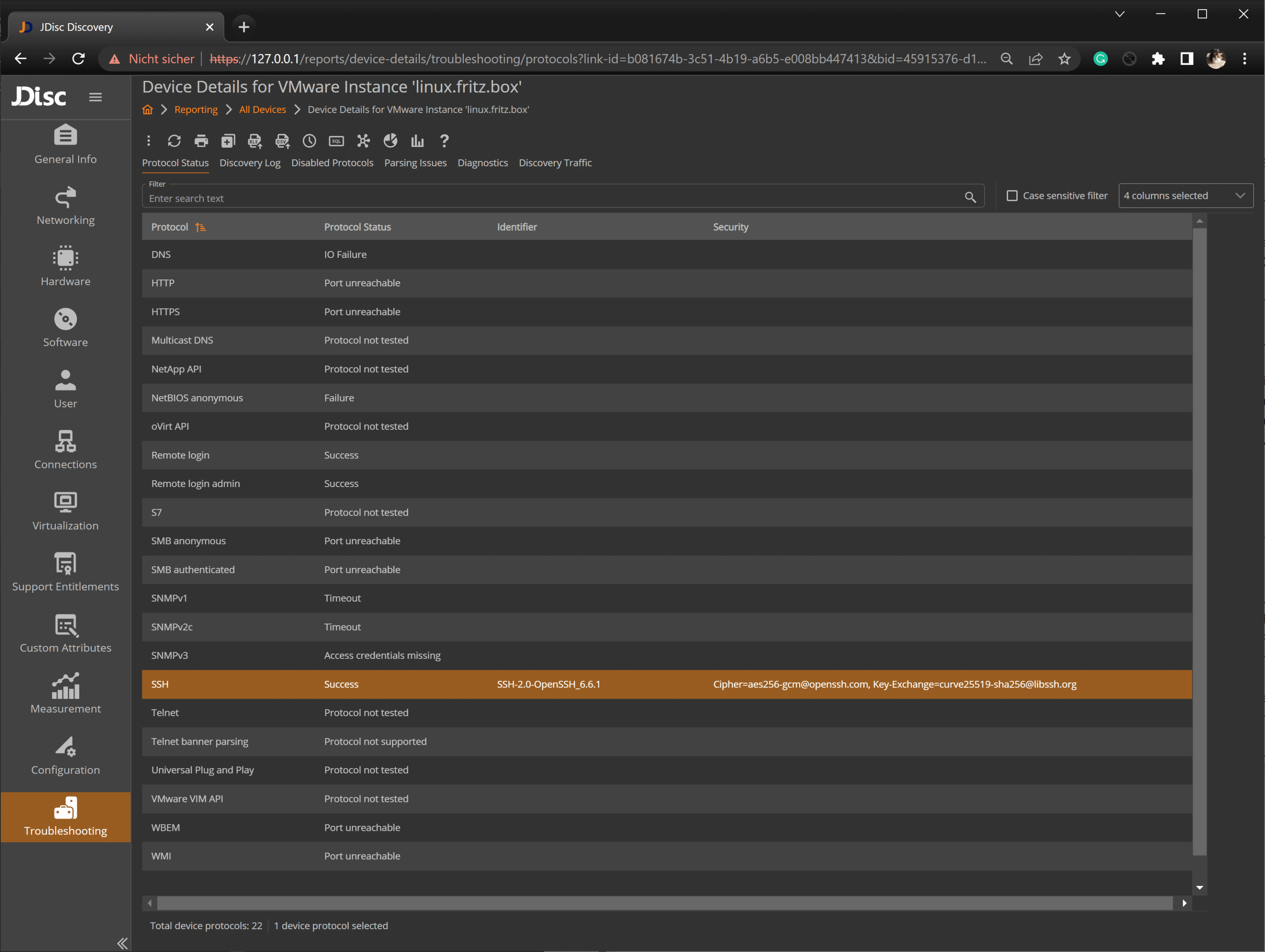 UsedAlgorithms - JDisc Network Discovery list of used algorithms within the Security column for the SSH status