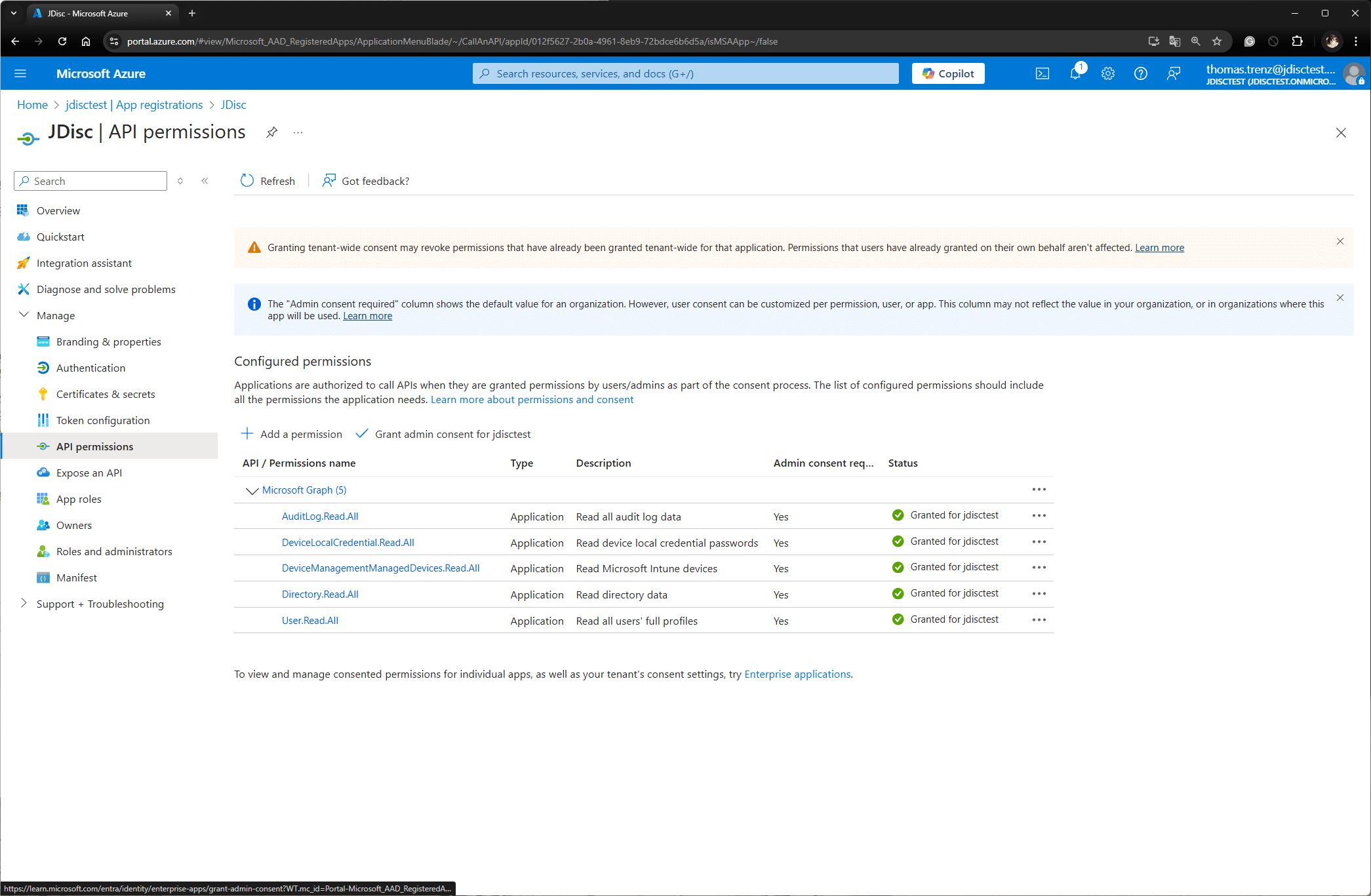 EntraID App permissions required by JDisc Discovery.
