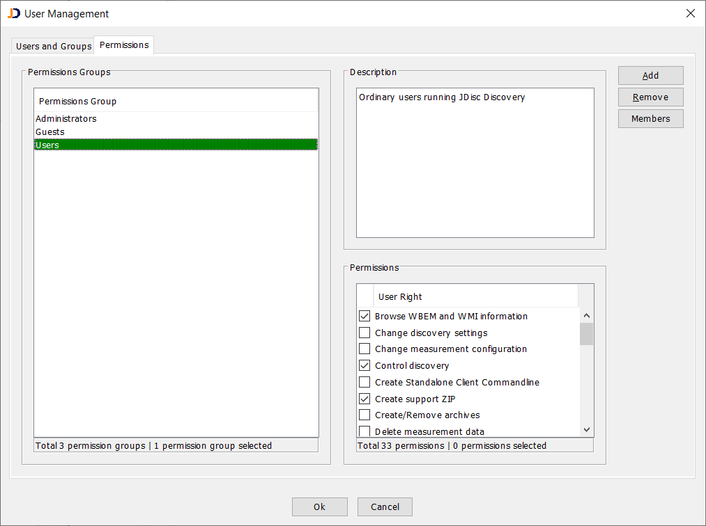 User-Management-Permissions-Groups - JDisc Network Discovery JDisc Disovery Client Anzeige von Berechtigungsgruppen in der Benutzerverwaltung