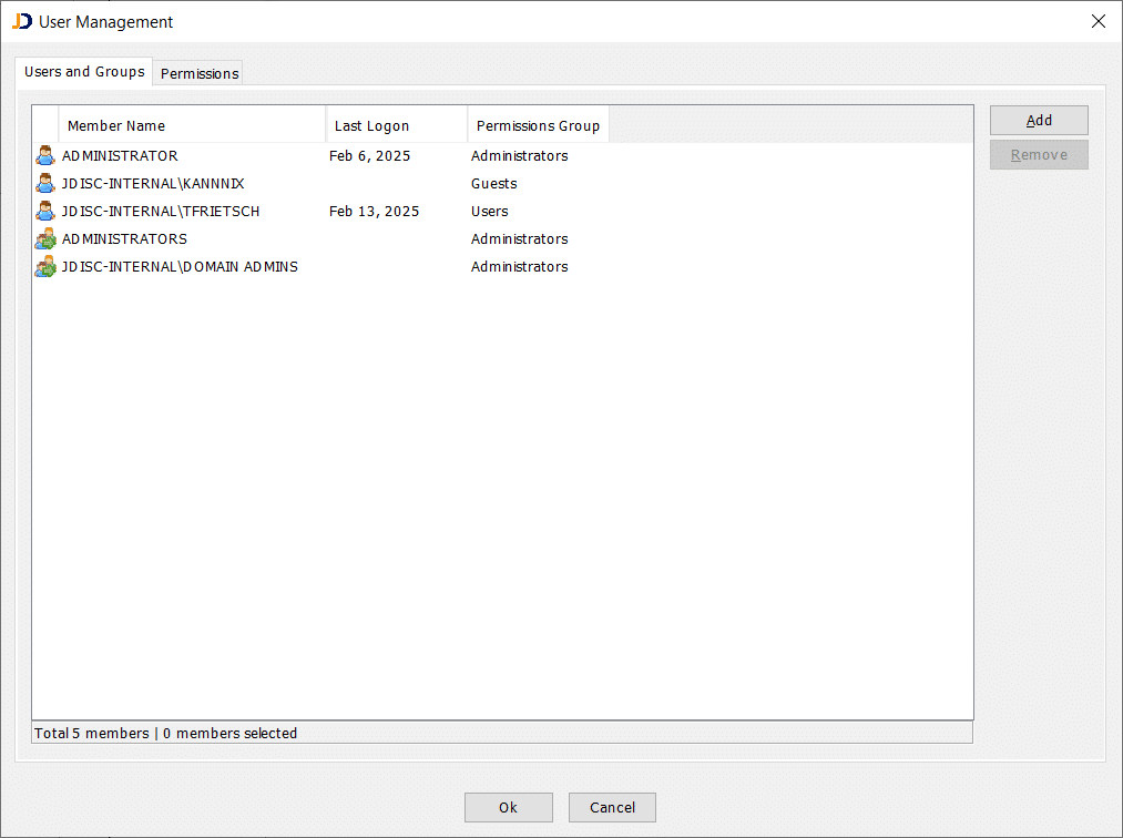 JDisc Disovery Client displaying Users, User Groups for access management