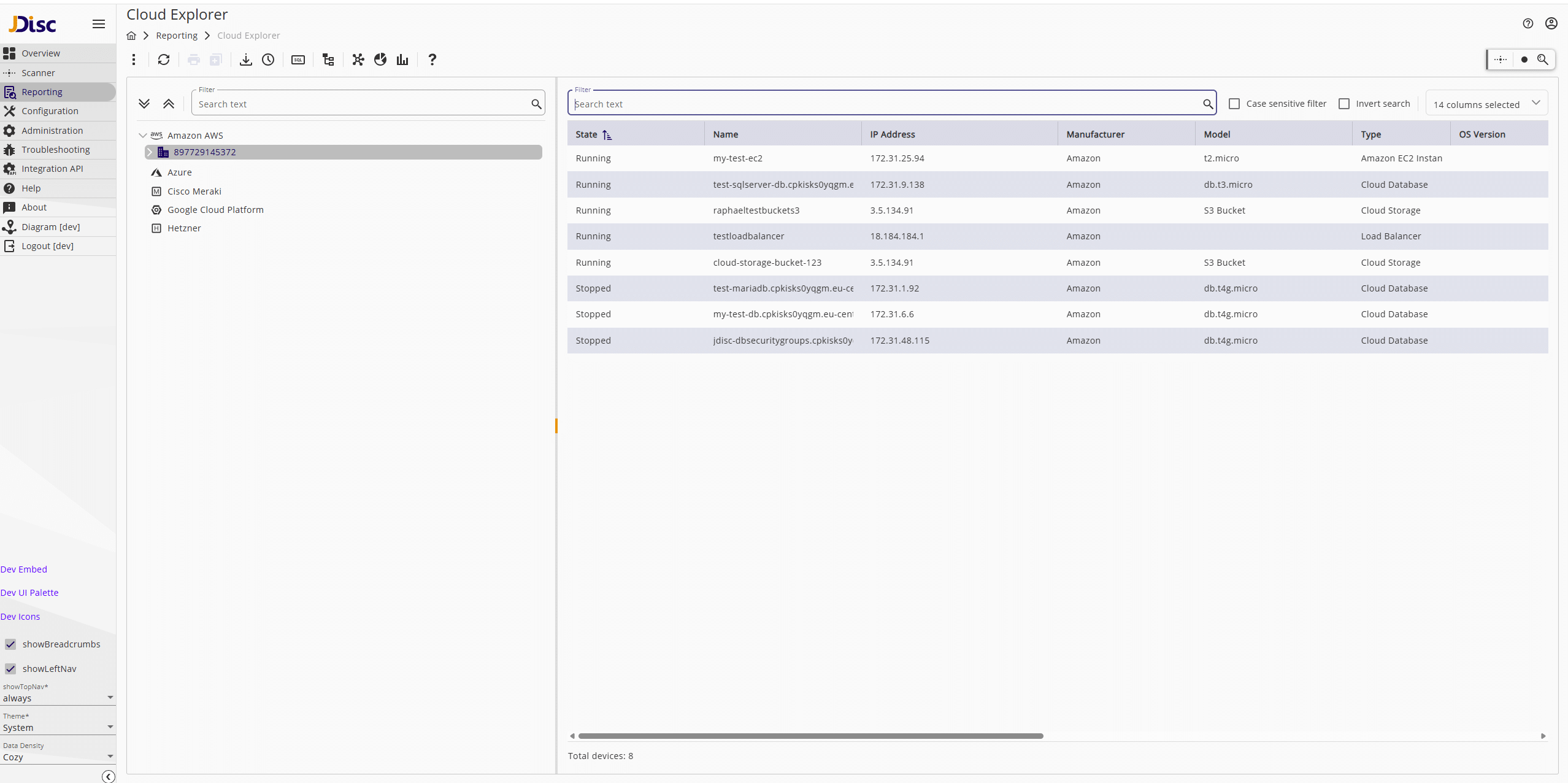 Screenshot of JDisc Cloud Explorer showing AWS cloud assets like RDS databases, S3 buckets, and a load balancer.