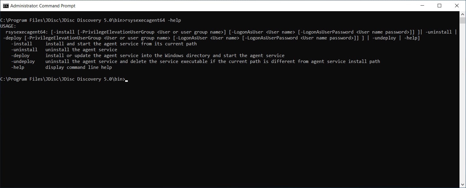 JDisc Discovery Zero-Footprint Agent - command line help