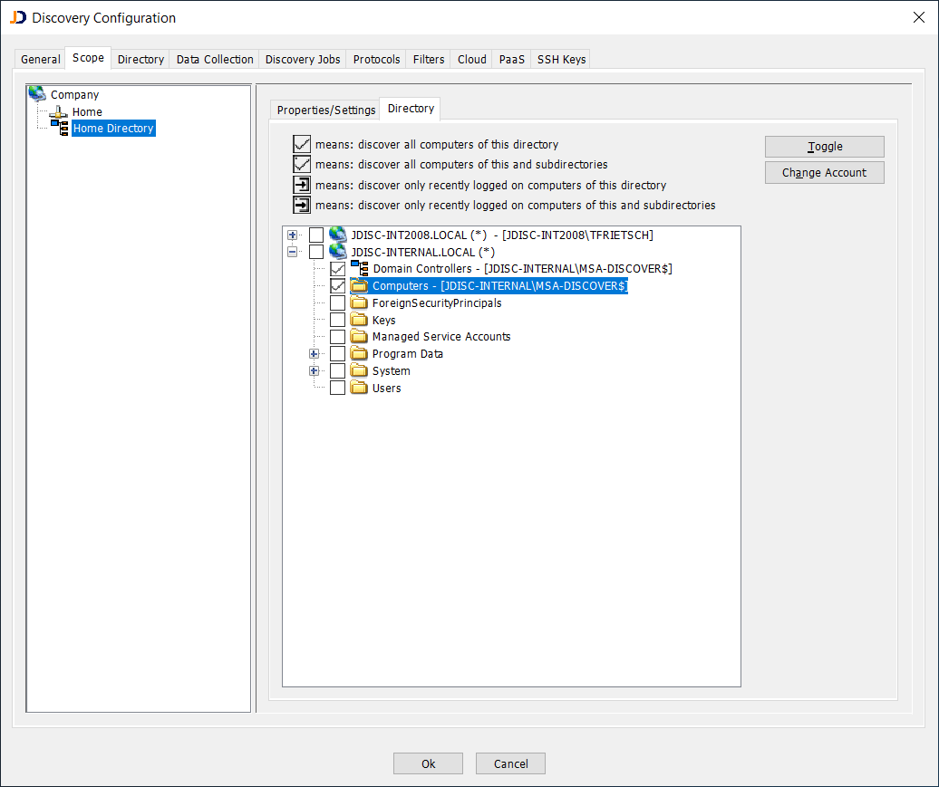 gmsa-Discovery-Configuration-Scope-Directory - JDisc Network Discovery Konfiguration der Directory Discovery mit einem über Gruppenrichtlinien verwalteten Konto