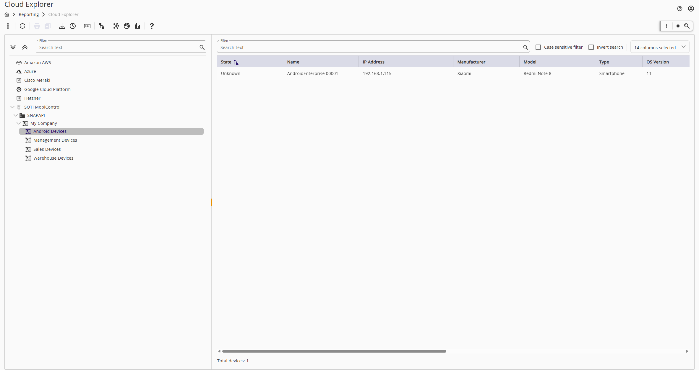 Screenshot von JDisc Cloud Explorer mit SOTI MobiControl Mobile Device Management Integration.