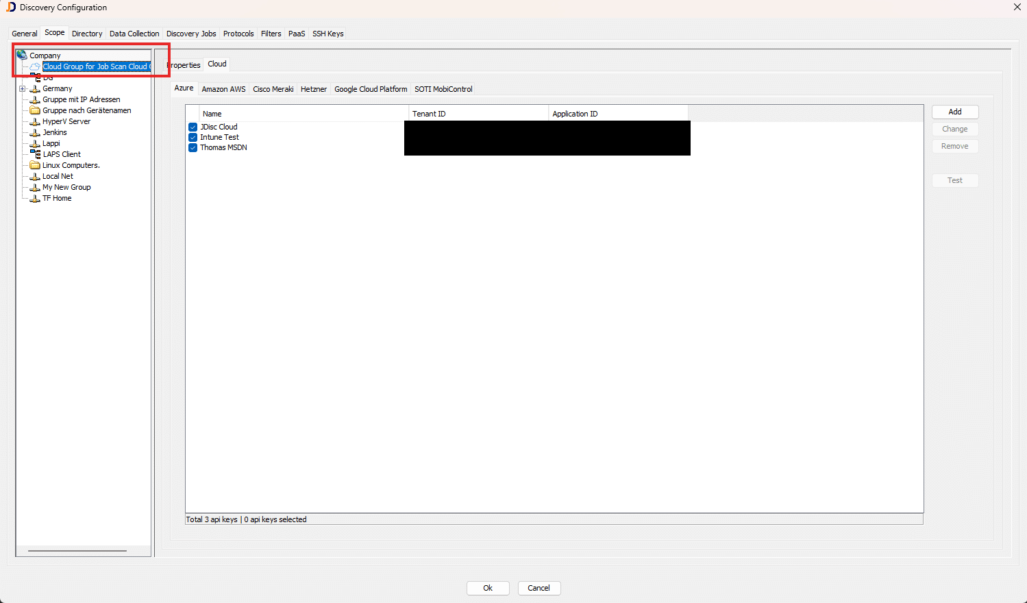 JDisc Discovery UI showing automatically generated cloud groups in the Scope tab after update.