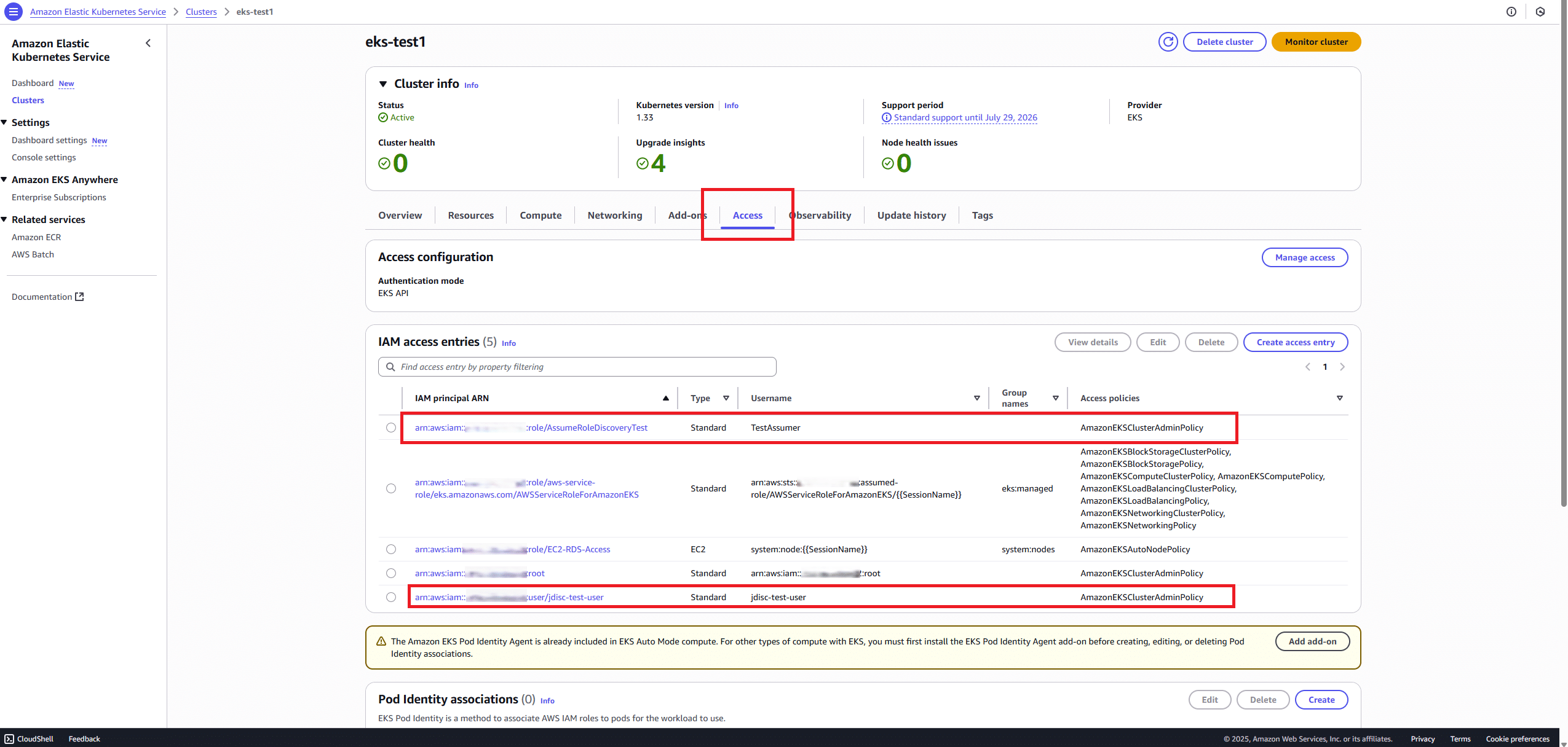Access control configuration for Amazon EKS cluster with IAM integration"