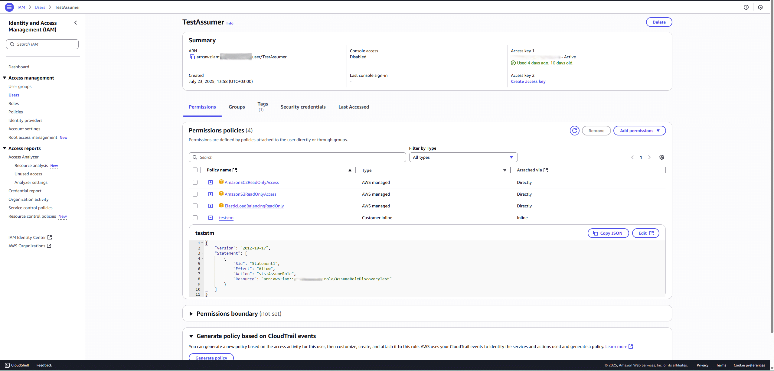 AWS IAM user configuration with a policy allowing sts:AssumeRole for cross-account access