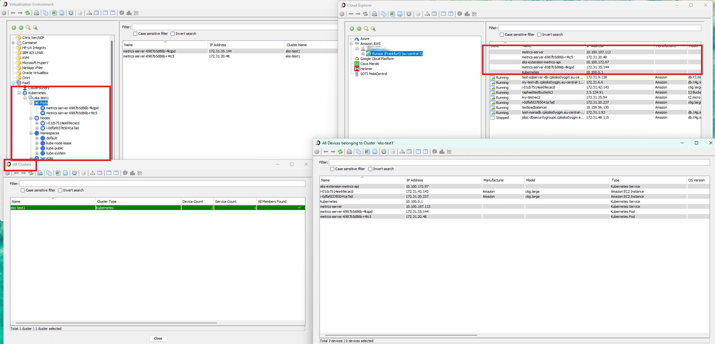 Discovered AWS EKS cluster displayed in JDisc with Kubernetes components